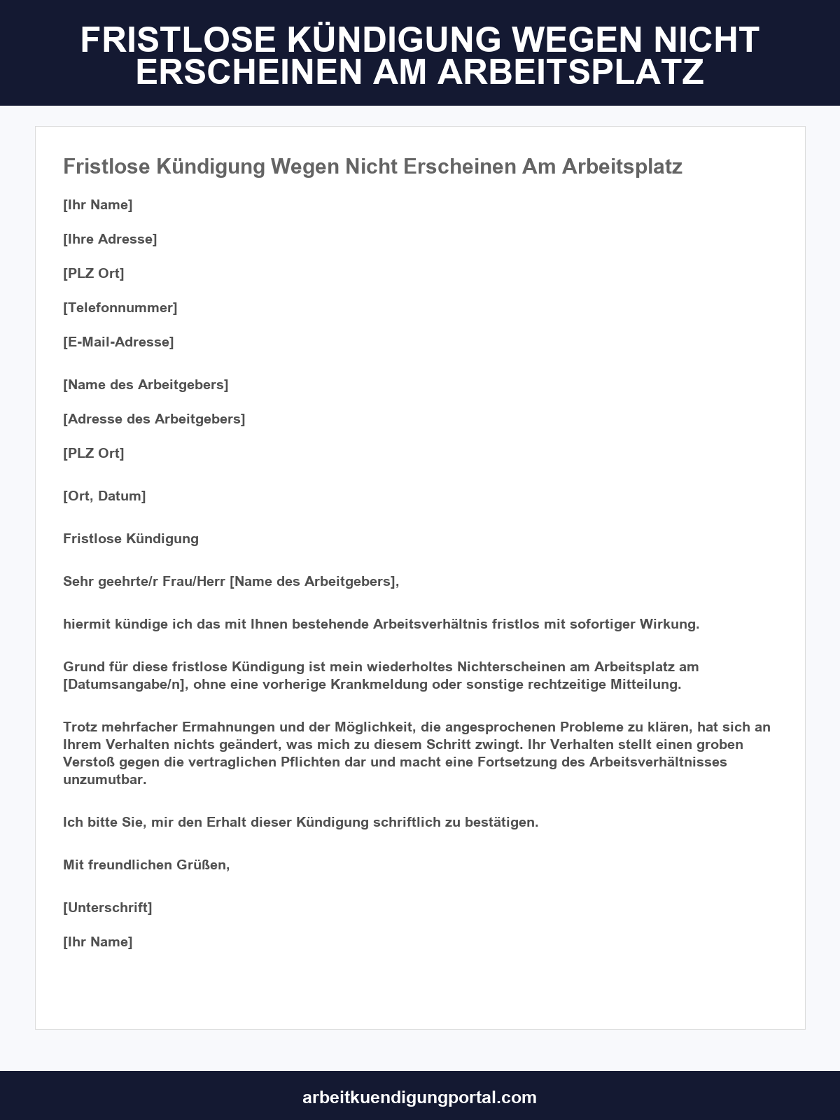 Fristlose Kündigung Wegen Nicht Erscheinen Am Arbeitsplatz Muster
