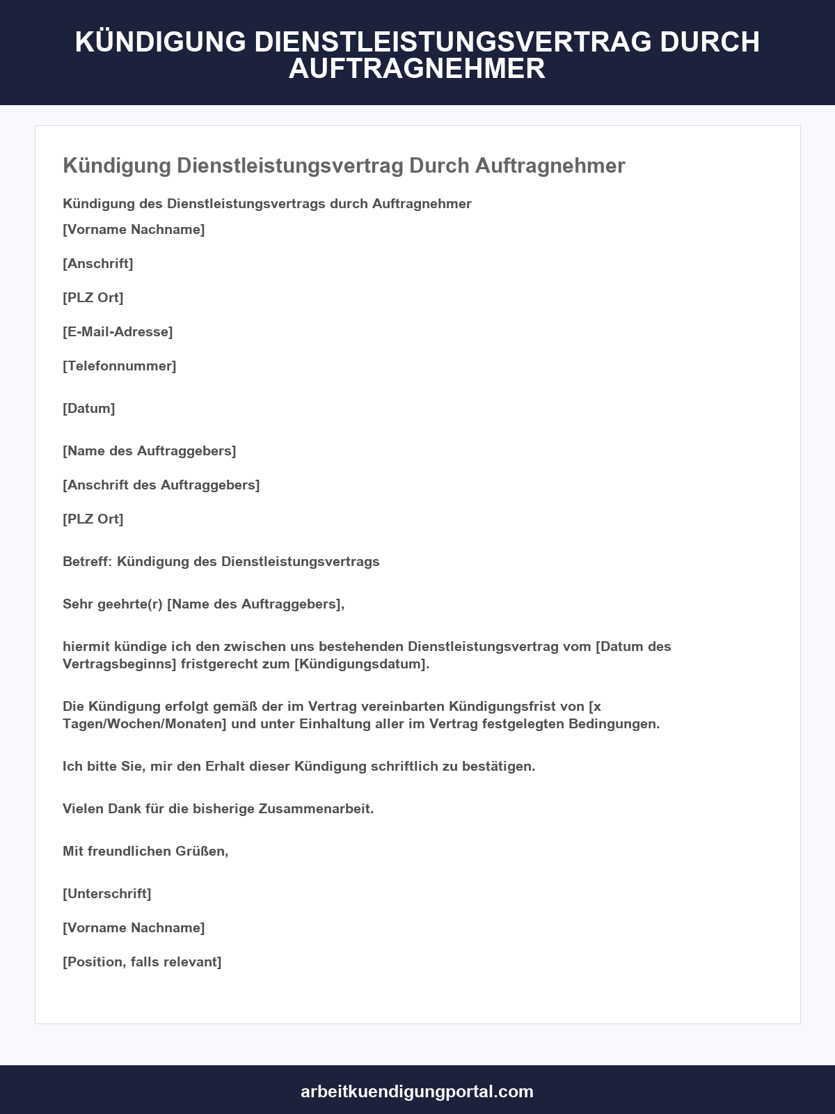Kündigung Dienstleistungsvertrag Durch Auftragnehmer Vorlage