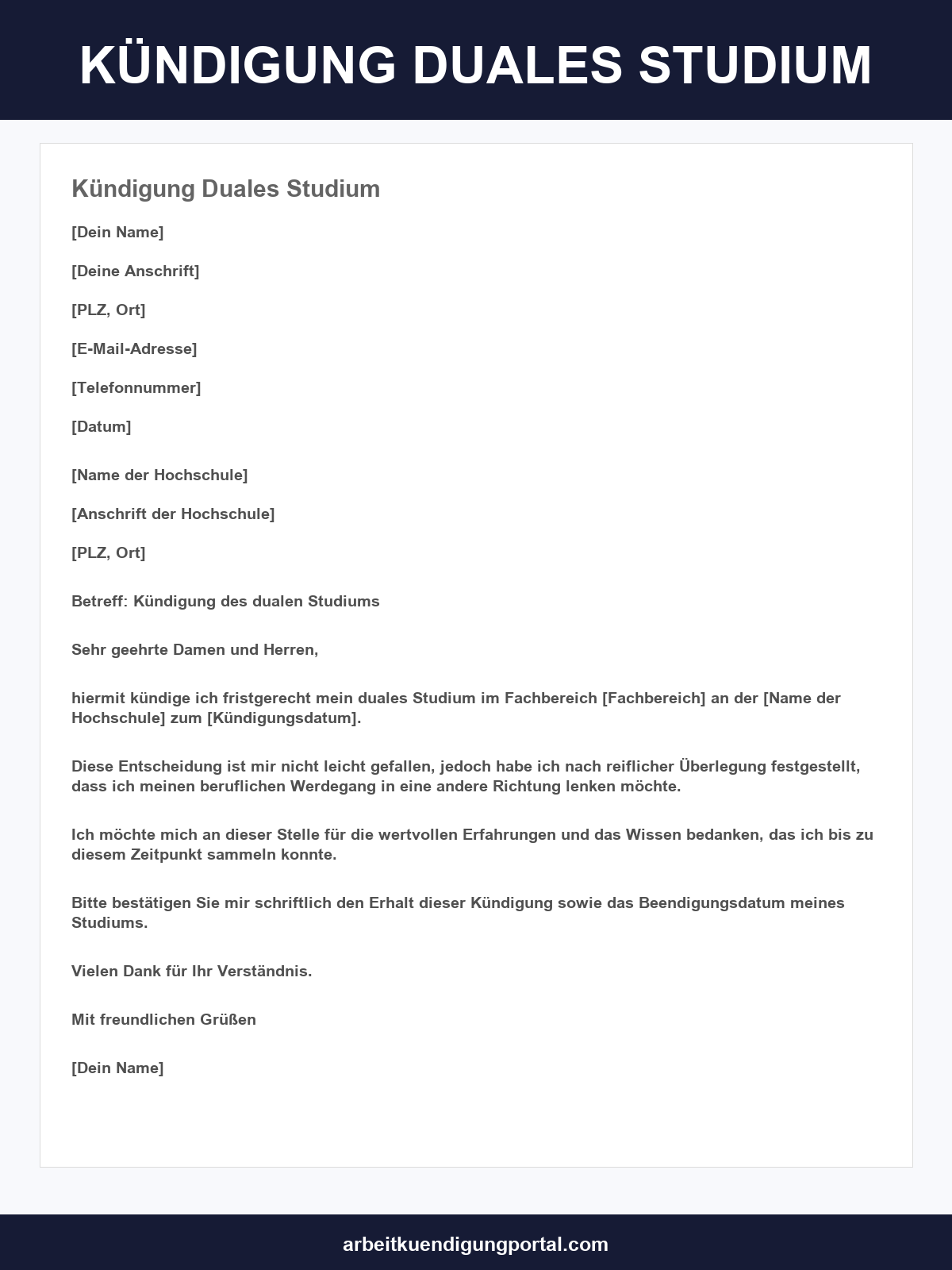 Kündigung Duales Studium Vorlage