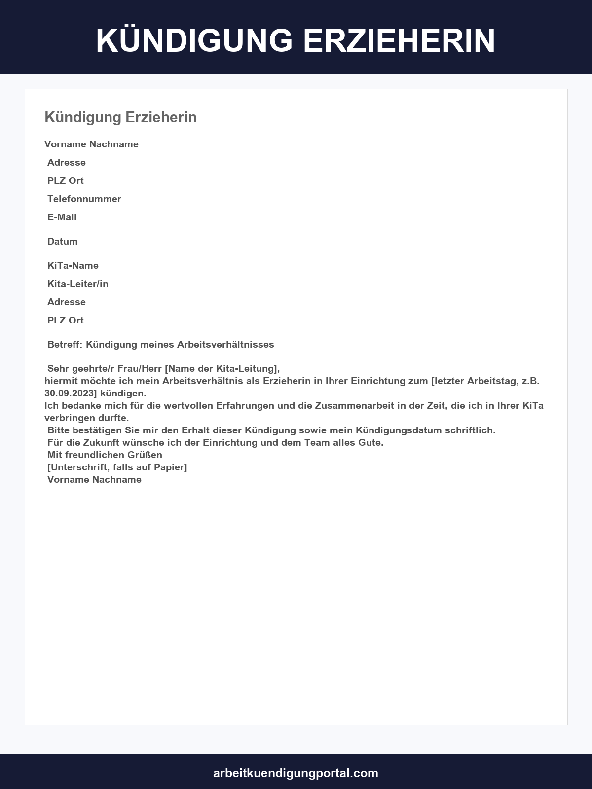 Kündigung Erzieherin Vorlage