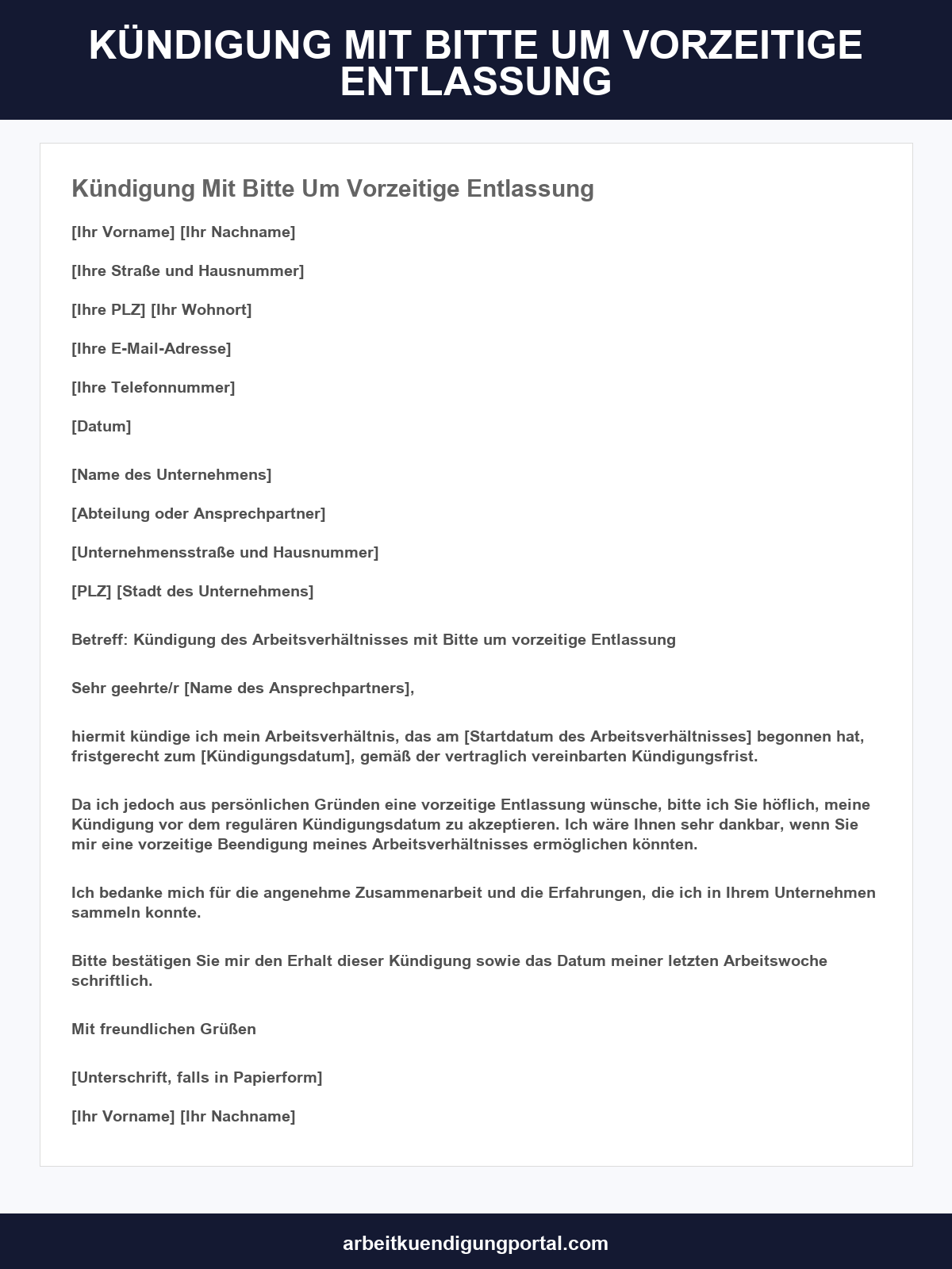 Kündigung Mit Bitte Um Vorzeitige Entlassung Muster