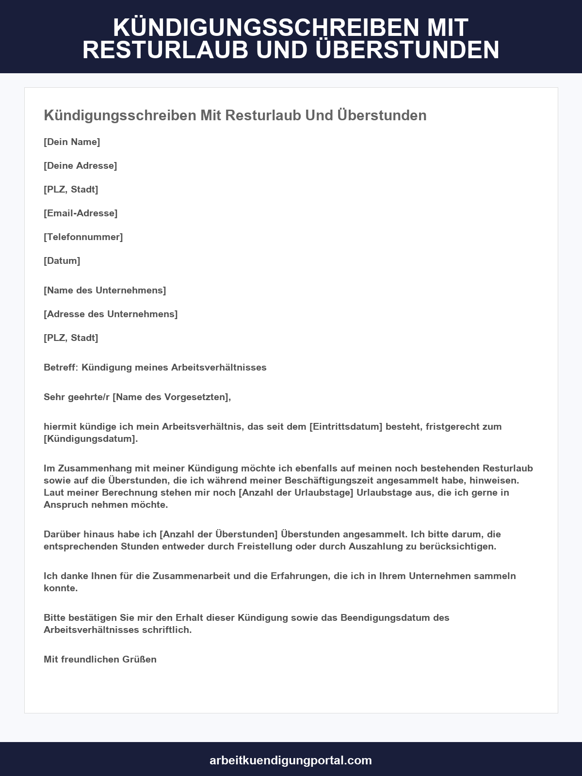 Kündigungsschreiben Mit Resturlaub Und Überstunden Muster