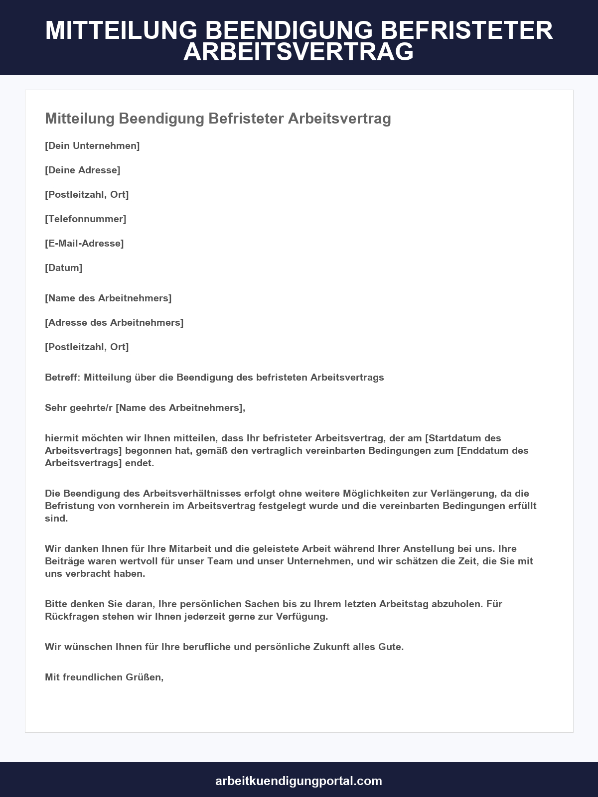 Mitteilung Beendigung Befristeter Arbeitsvertrag Muster