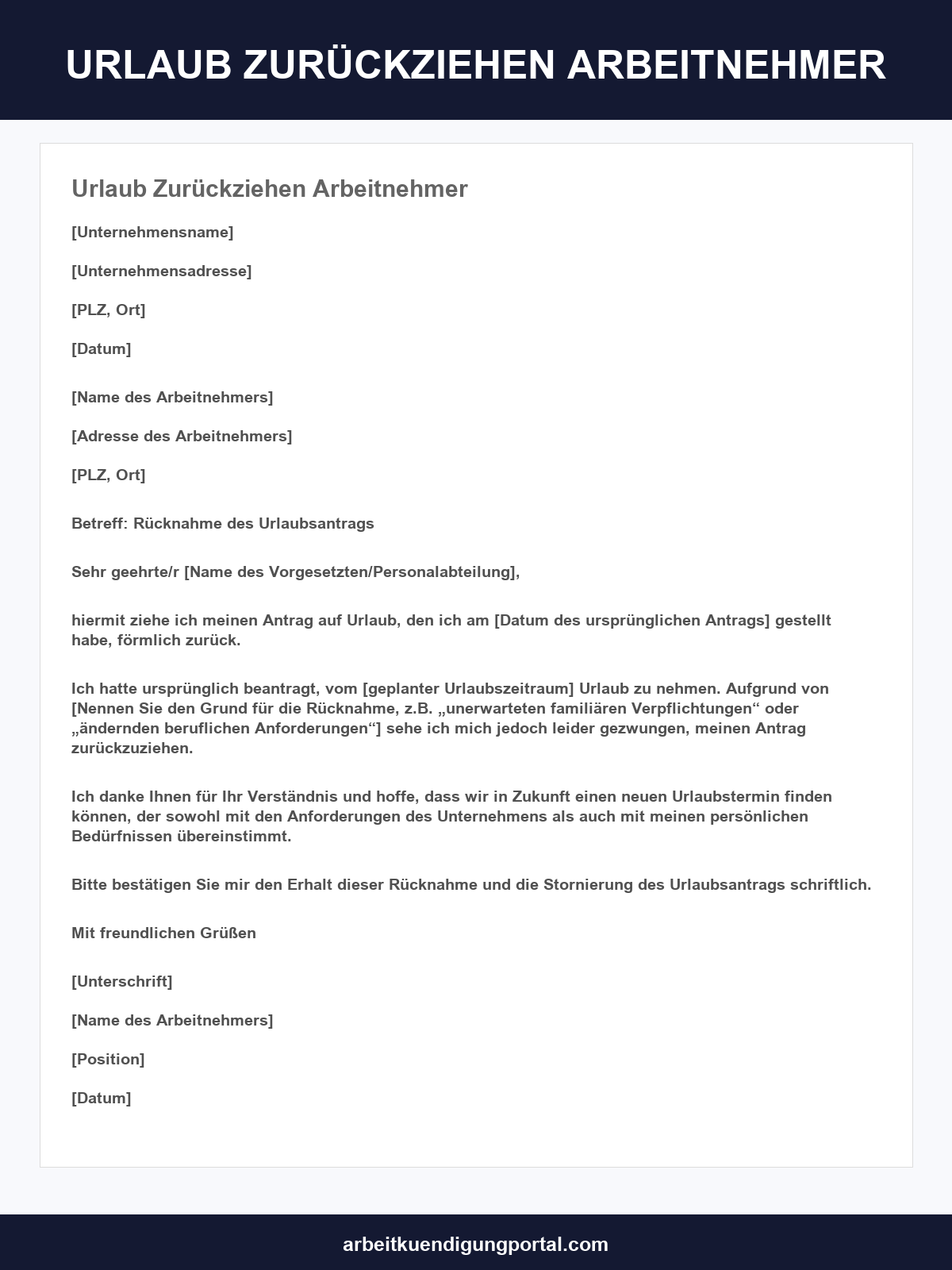 Urlaub Zurückziehen Arbeitnehmer Muster